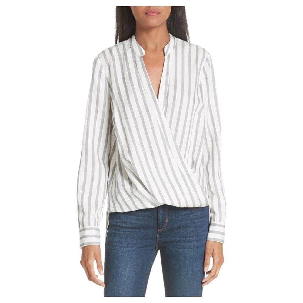 L'agence White Black Striped Long Sleeve Surplice V-Neck Draped Kyla Top Size XS